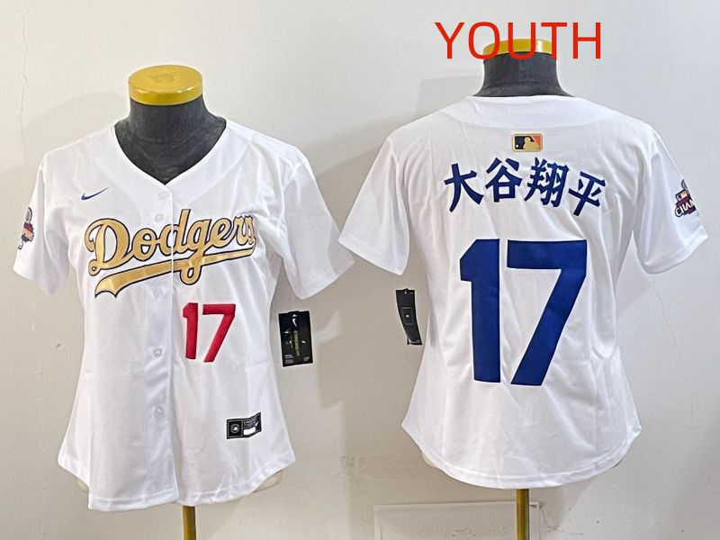 Youth Los Angeles Dodgers #17 Ohtani White Champion edition Nike MLB Jersey style 002